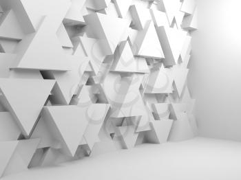 Abstract empty white interior background with chaotic extruded triangular pattern on wall, 3d render illustration
