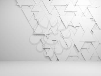 Abstract empty white interior background with random triangles tiling pattern on front wall, 3d render illustration
