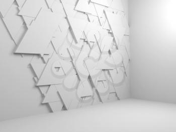Abstract empty white interior background with random triangles tiling pattern on wall, 3d render illustration

