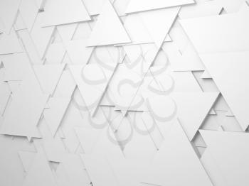 Abstract white digital background pattern with random shaped triangles on wall, 3d render illustration
