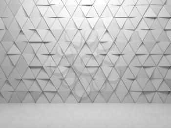 Abstract empty white interior background with triangles tiling pattern on front wall, 3d render illustration
