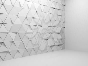 Abstract empty white interior background with triangular pattern wall installation, 3d render illustration
