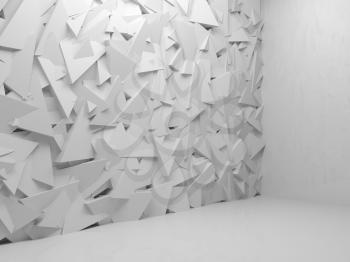 Abstract white interior with random triangles installation on wall, 3d render illustration