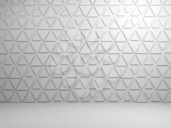 Abstract empty white interior background with triangles pattern on front wall, 3d render illustration
