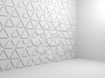 Abstract empty white interior background with triangular pattern on wall, 3d render illustration
