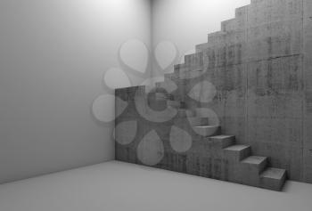Concrete stairway in white empty room, abstract architectural background, 3d render illustration