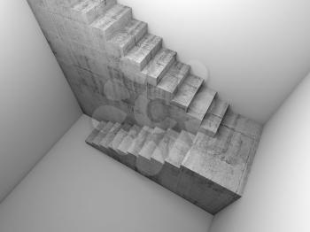 Top view of a concrete stairway installation in white empty room, abstract architectural background, 3d render illustration