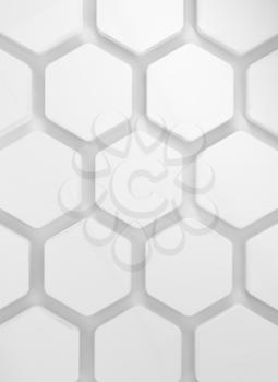 White honeycomb pattern on the wall, front view, vertical 3d render illustration