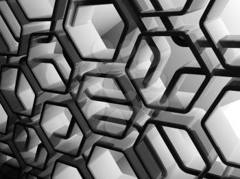 Abstract shiny black honeycomb structure background, 3d render illustration