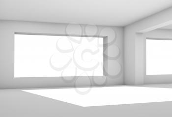 Empty white room with wide window, abstract interior background, architectural 3d render illustration