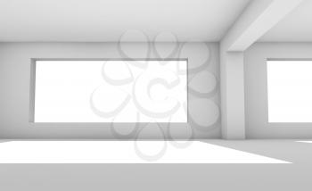 Empty white room with wide windows, abstract interior background, architectural 3d render illustration
