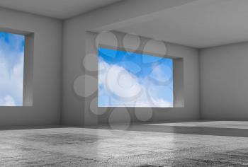 Empty gray room with wide windows and shiny concrete floor, abstract interior background, 3d render illustration
