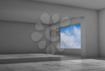 Empty room with wide windows and shiny concrete floor, abstract interior background, 3d render illustration