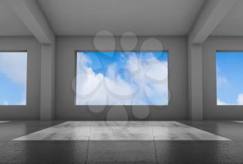 Empty white room with wide windows and shiny concrete floor, abstract interior background, 3d render 