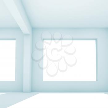 Empty white room with wide windows, abstract square interior background, architectural 3d render illustration