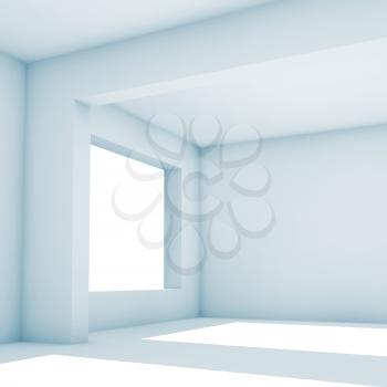 Empty white room with wide windows and light blue shadows, abstract interior background illustration, architectural 3d render