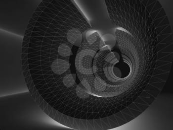 Dark tunnel with white wire-frame lines, Abstract dark digital background, 3d render illustration