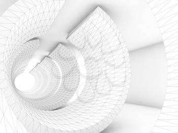 White tunnel with wire-frame structure lines, Abstract dark digital background, 3d render illustration