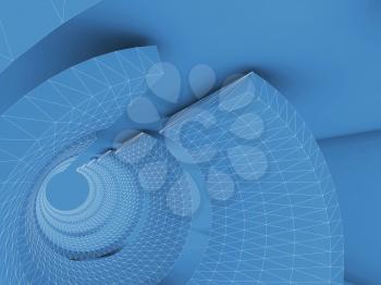 Blue Tunnel with white wire-frame structure lines, Abstract dark digital background, 3d render illustration