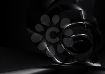 Spots in black tunnel, abstract dark digital background, 3d illustration