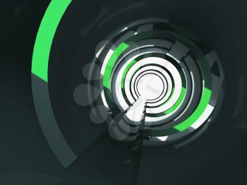Abstract shining tunnel interior with green reflections. Digital background, 3d illustration
