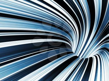 Turning tunnel with pattern of blue white stripes, abstract digital background, 3d render illustration