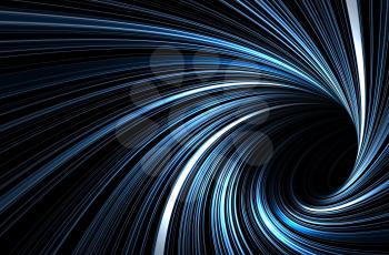 Dark blue tunnel with pattern of glowing spiral lines, abstract digital graphic background, 3d illustration