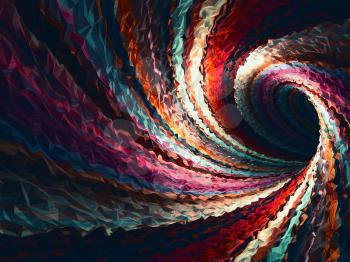 Empty bent triangulated spiral tunnel, abstract colorful digital background, 3d render illustration