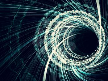 Abstract dark digital background, tunnel with glowing blue spiral lines, 3d illustration