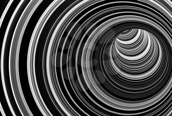 Tunnel of black white light rings, abstract dark digital background, 3d render illustration