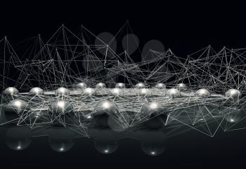 Artificial deep neural networks structures, dark  digital background, 3d render illustration