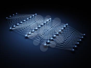 Artificial deep neural network structure, digital illustration with schematic blue model, 3d render