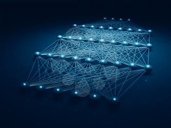 Artificial deep neural network structure, blue digital illustration with schematic model, 3d render