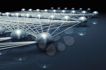Artificial neural network structure fragment, digital illustration with schematic blue model, 3d render
