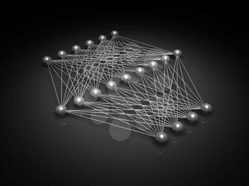 Artificial shallow neural network structure, digital illustration with schematic model, 3d render