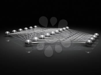 Artificial shallow neural network structure, digital illustration with schematic metallic model, 3d render