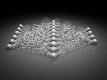 Artificial shallow neural network structure, side view, illustration with schematic metallic model, 3d render