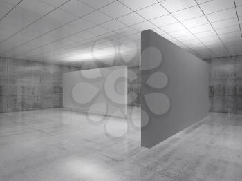 Abstract empty minimalist interior design, white stands installation levitating in exhibition gallery. Contemporary architecture. 3d illustration