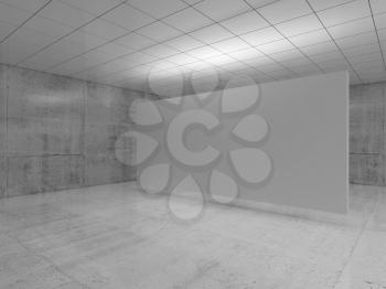 Abstract empty minimalist interior design, white stand installation levitating in exhibition gallery with walls made of polished concrete and shiny ceiling. Contemporary architecture. 3d illustration