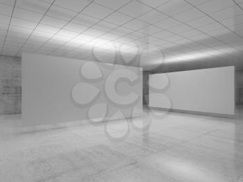 Abstract empty minimalist interior design, white stands installation levitating in exhibition gallery with walls made of polished concrete and shiny ceiling. 3d render