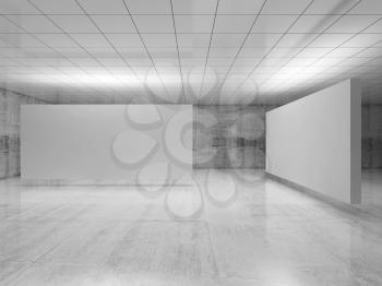 Abstract empty minimalist interior design, two white stands installation levitating in exhibition gallery with walls made of concrete and shiny ceiling. Contemporary architecture. 3d illustration