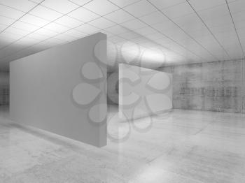 Abstract empty minimalist interior design, white stands installation levitating in exhibition gallery with walls made of polished concrete and shiny ceiling. 3d illustration