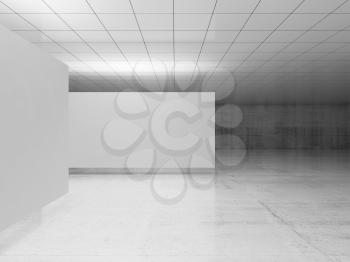 Abstract empty minimalist interior design, white stands levitating in exhibition gallery with walls made of polished concrete and shiny ceiling. Contemporary architecture. 3d illustration