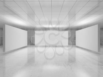 Abstract empty minimalist interior design, three white stands installation levitating in exhibition gallery with walls made of polished concrete. Contemporary architecture. 3d illustration