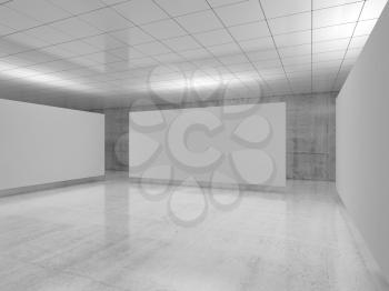 Abstract empty minimalist interior design, white banner stands levitating in exhibition gallery with walls made of polished concrete and shiny ceiling. Contemporary architecture. 3d illustration