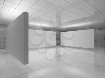 Abstract empty minimalist interior, three white stands installation levitating in exhibition gallery with walls made of polished concrete and shiny ceiling. Contemporary architecture. 3d illustration