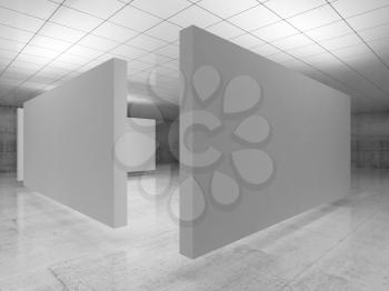 Abstract empty minimalist interior, white stands installation levitating in exhibition gallery with walls made of polished concrete and shiny ceiling. Contemporary architecture. 3d illustration