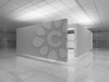 Abstract empty minimalist interior design, white stands installation levitating in exhibition gallery with walls made of polished concrete and shiny ceiling. Contemporary architecture. 3d illustration