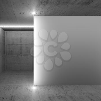 Abstract empty dark concrete interior with white wall fragment, square 3d render illustration