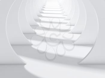 Abstract white tunnel interior with perspective effect and shadows pattern on floor. 3d render illustration